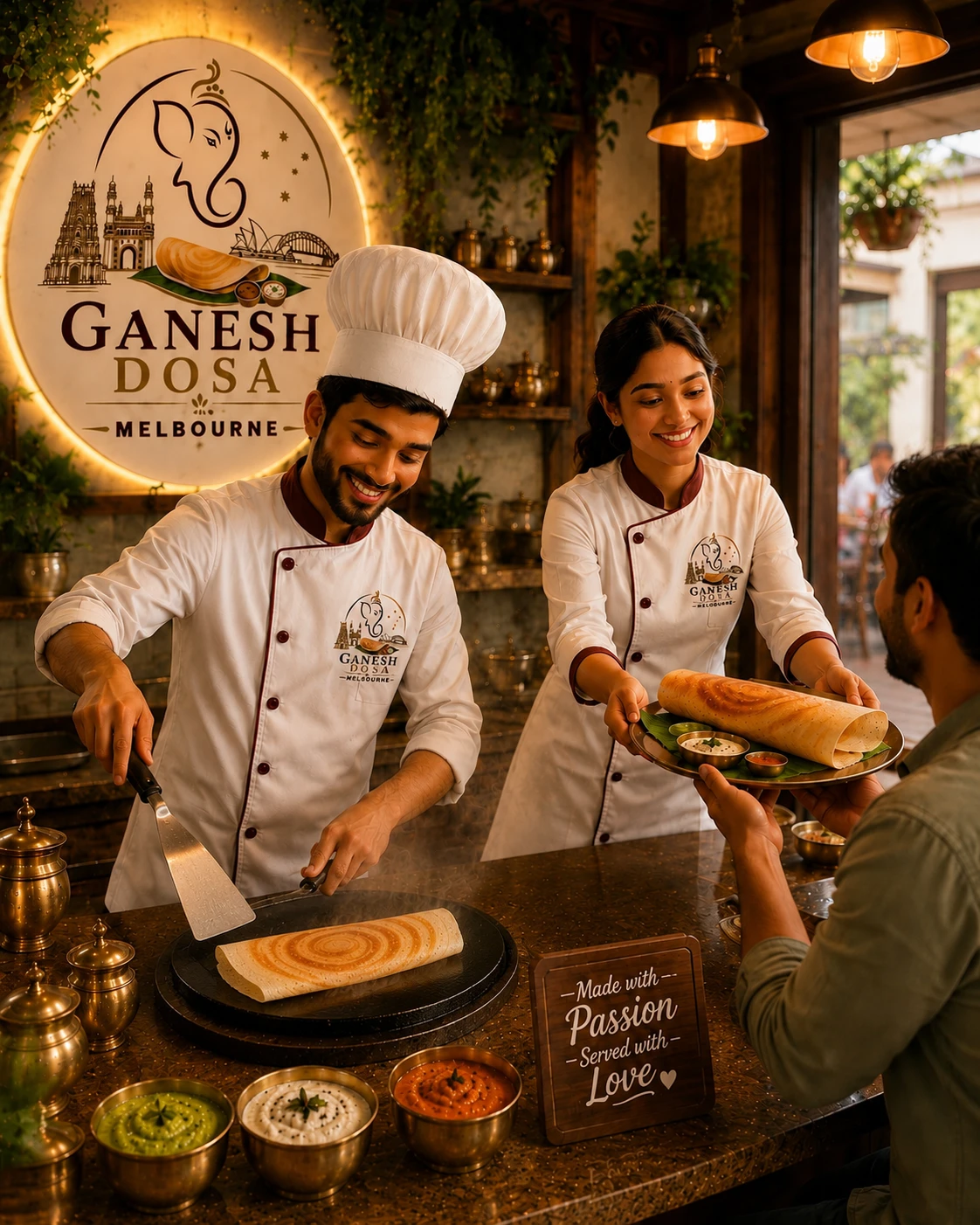 Ganesh Dosa Melbourne chefs serving fresh dosas at a live counter
